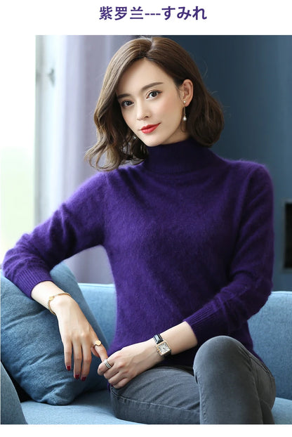 Herbst Winter 100% Nerz Kaschmir Pullover Frauen Strickwaren Pullover Dicke Warme Einfarbig Plus Größe Basis Hohe Revers Kleidung Tops