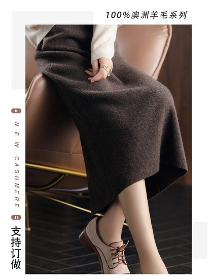 2024 Autumn Winter New 100%Pure Wool Knit Long Skirt Women Casual Thick Korean High Waist Pack Hip Cashmere Wild A-Line Skirt.