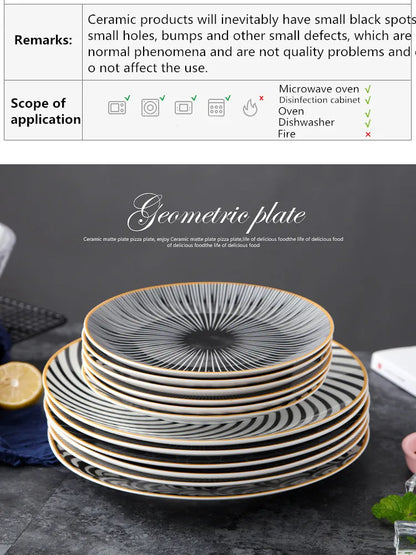 Geometric Design Gold Plating Meal Plate Porcelain Kitchen Dinner Plates Ceramics Food Tray Salad Dish 6/8/10 Inch 1Pcs.