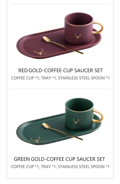 European Luxurious Gold Rim Ceramics Coffee Cups And Saucers Spoon Sets With Gift Box Tea Soy Milk Breakfast Mugs Dessert Plate.