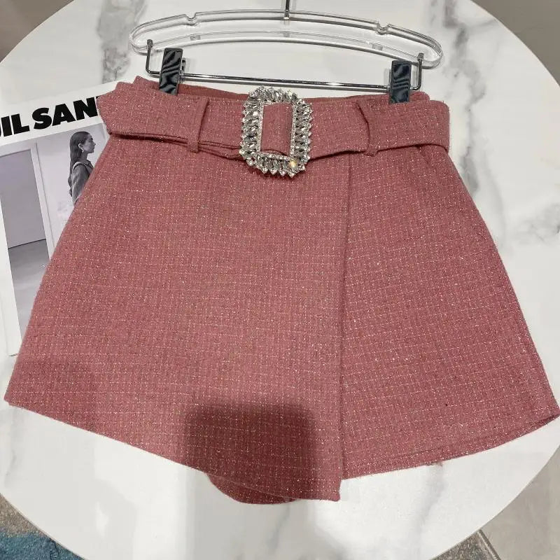 2022 Spring Autumn New shiny sequins Plaid Shorts with Belt for Lady Rhinestone Bright Silk Tweed Folding Short Boots Women