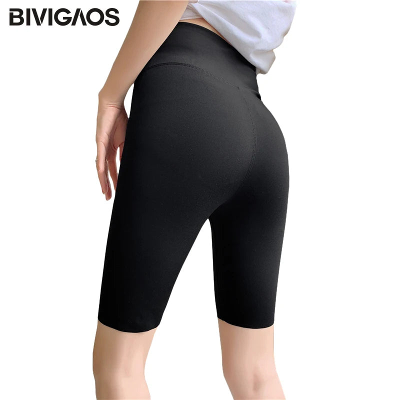 BIVIGAOS Summer Sharkskin Fabric Biker Shorts Women's Thin Black Cycling Shorts Slim Skinny Sport High Waist Fitness Shorts.