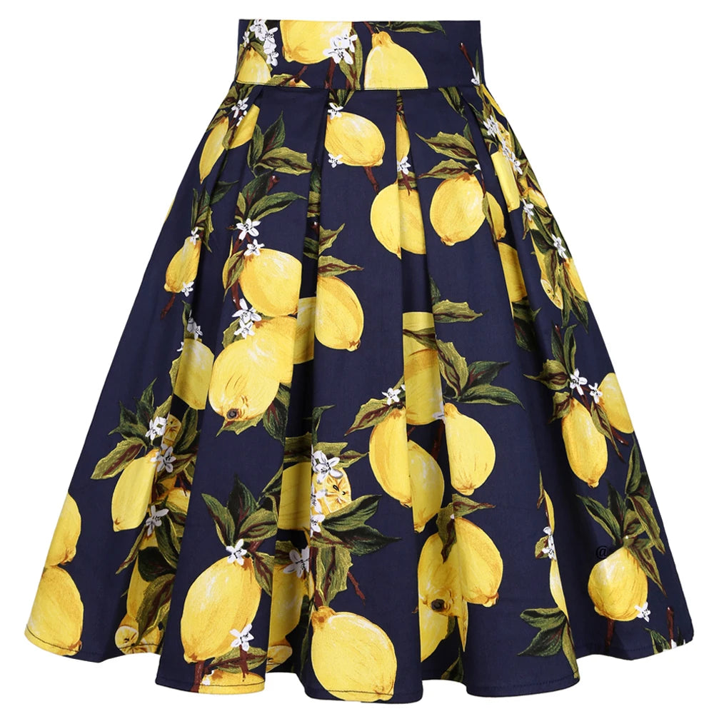 2025 Summer French High Waist Pleated Skirts Blue 50s Vintage Casual Dance Party Skirt Sexy Cute Midi Lemon Skater Women Clothes.