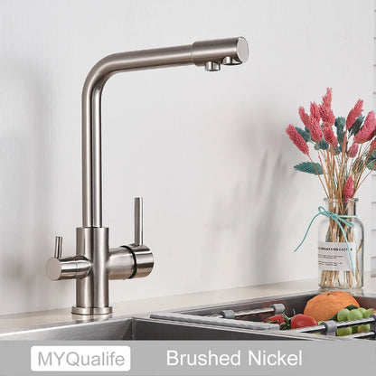 Chrome Brass Pure Water Kitchen Faucet Dual Handle Hot and Cold Drinking Water 3-way Filter Kitchen Purified Mixer Taps