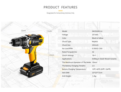 DEKO 12/16/20 V Akku-Bohrschrauber, 2-Gang-Akku, wiederaufladbarer Elektroschrauber, Lithium-Batterie, Kombinationsbox für Elektrowerkzeuge
