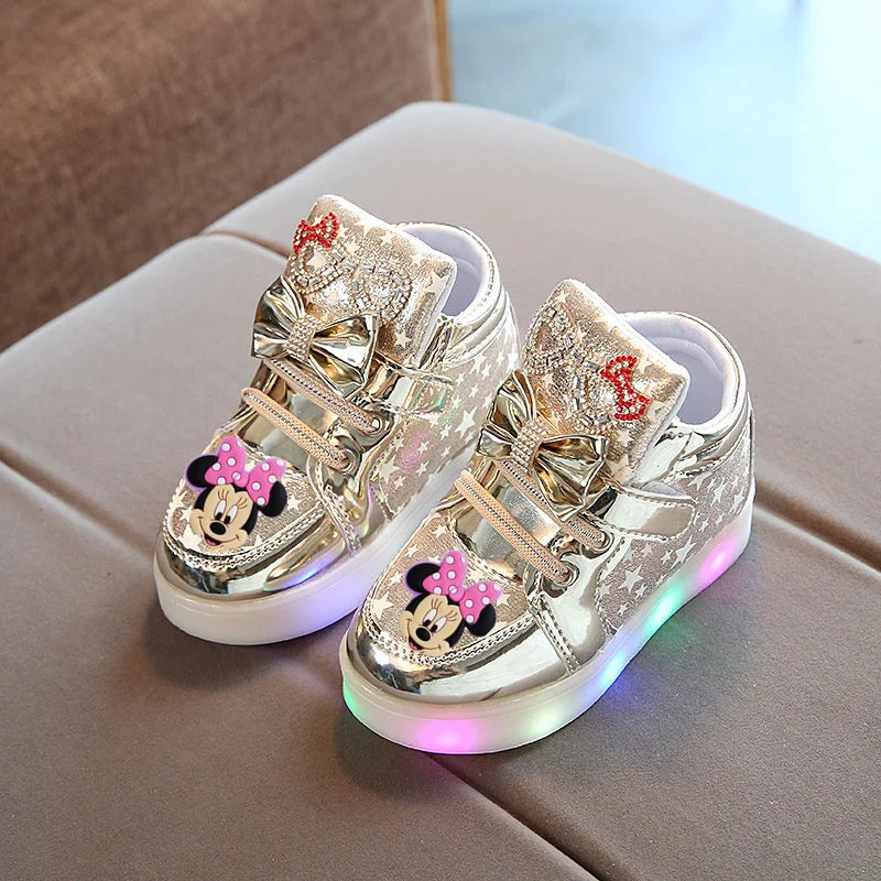 Disney Minnie girl children's sports shoes flashing shoes cartoon LED casual shoes.