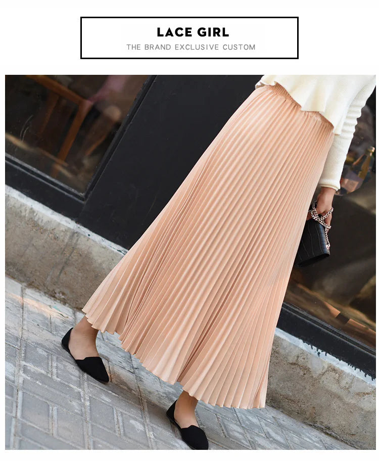 Classical Women Pleated Skirt 90cm/80cm Long Female Elastic Waist Skirt Big Size Velvet Pleated Skirt for Winter Ankle-Length