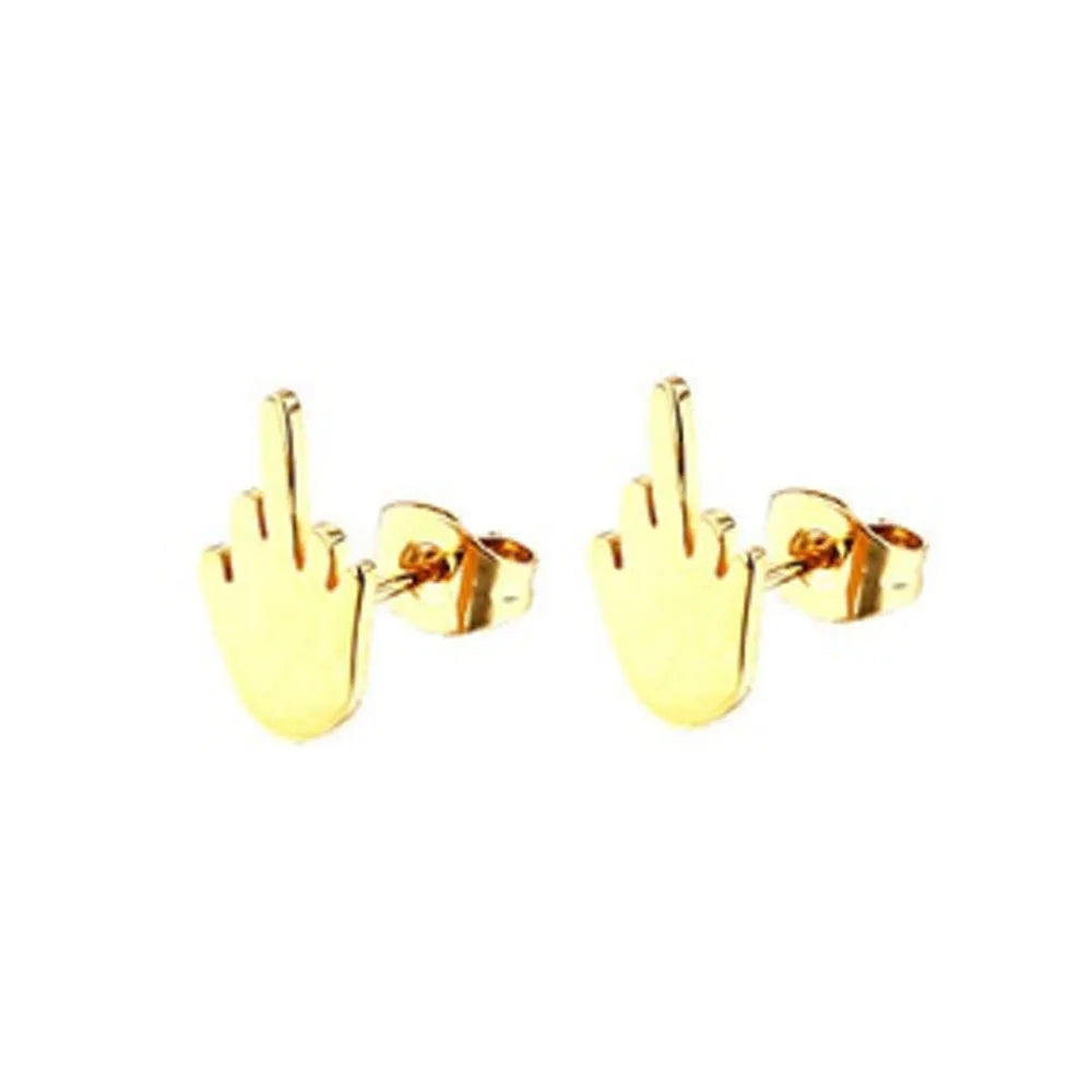 2Pcs Stainless Steel Black Middle Finger Up Women Men Ear Jewelry Studs Earring Punk Cool Gold Silver Plated.