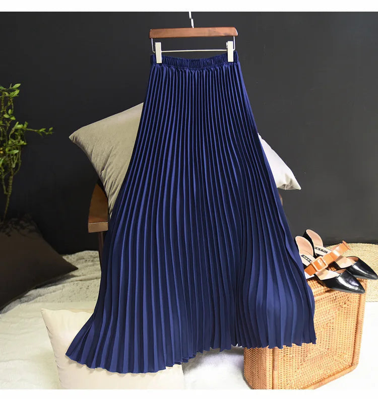 Classical Women Pleated Skirt 90cm/80cm Long Female Elastic Waist Skirt Big Size Velvet Pleated Skirt for Winter Ankle-Length