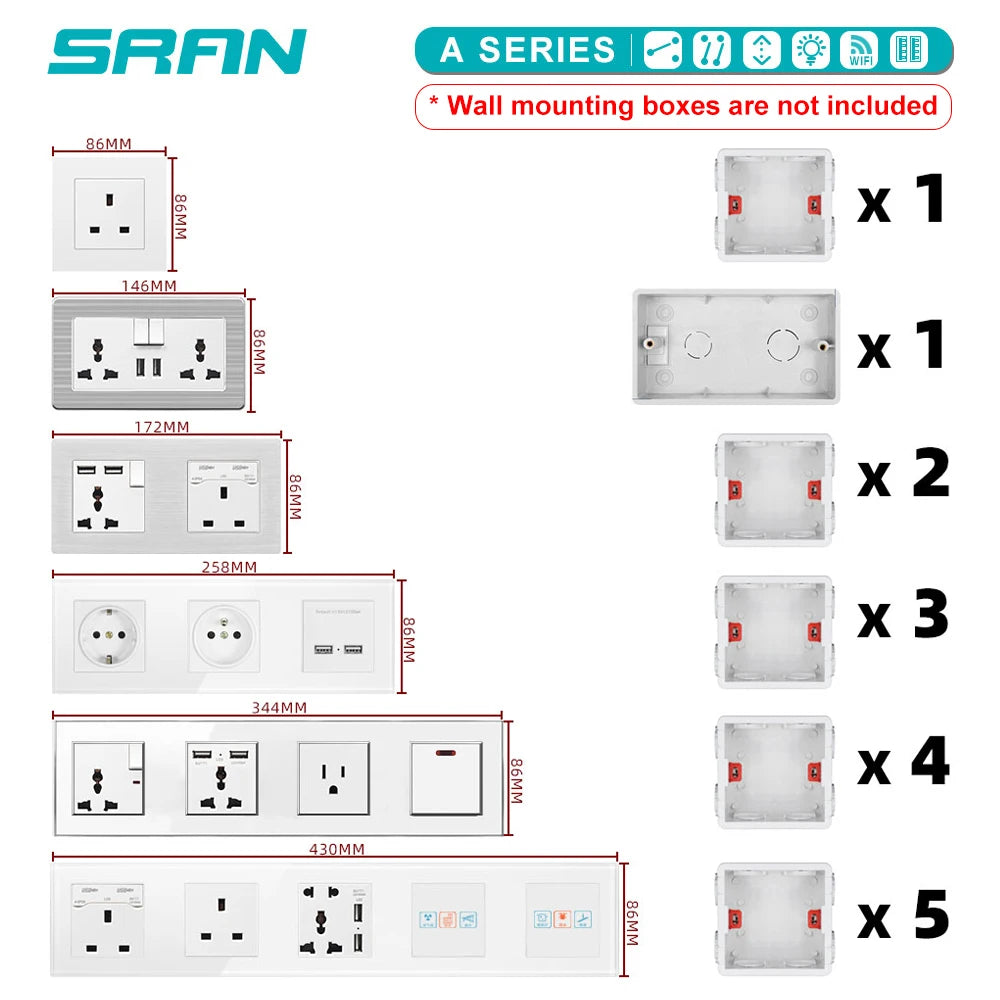 SRAN EU-Standard-Wandsteckdose mit USB und Typ-C 20 W Schnellladung, 5 V/2 A Doppelanschlüssen, 86 x 86 mm flammhemmendes Panel, CE-zertifiziert.