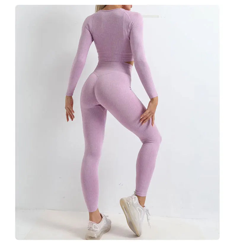 Women Seamless Fitness Yoga Suit Knitt Workout Long Sleeve Crop Top Sports Bra High Waist Running Leggings Gym Clothing 2/3Pcs.