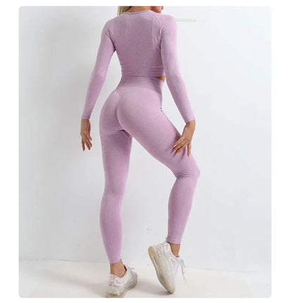 Women Seamless Fitness Yoga Suit Knitt Workout Long Sleeve Crop Top Sports Bra High Waist Running Leggings Gym Clothing 2/3Pcs.
