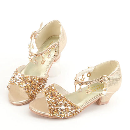 Girls Sandals Children Crystal Shoes 2023 Summer Kids Glitter Shoes High Heels Sequined Rhinestone Pendants Open Toes Princess