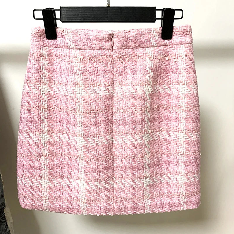 HIGH STREET Newest Fashion 2025 Designer Pink Skirts Women's Sweet Wool Blends Colors Woven Plaid Tweed Skirt.