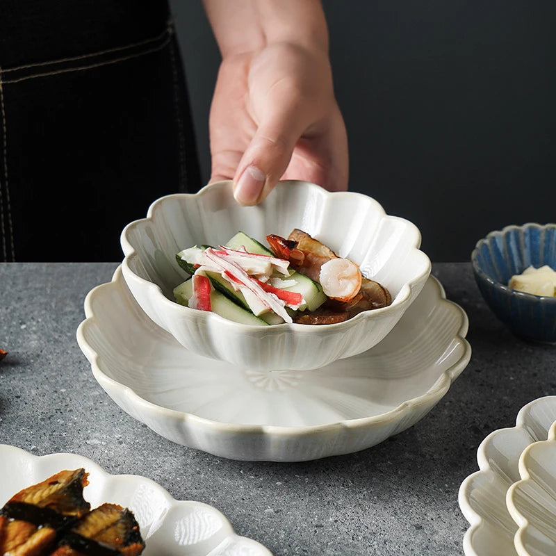 1pc Japanese Dinnerware Ceramic White Blue Dinner Plate Serving Dishes Rice Ramekin Sauce Bowl Microwave Safe.
