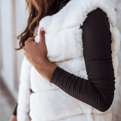 Herbst Winter Frauen Jacke Weste Einfarbig Rundhals Faux Pelzmantel Dicken Rundhals Oberbekleidung Plüsch Jacke für Frauen.