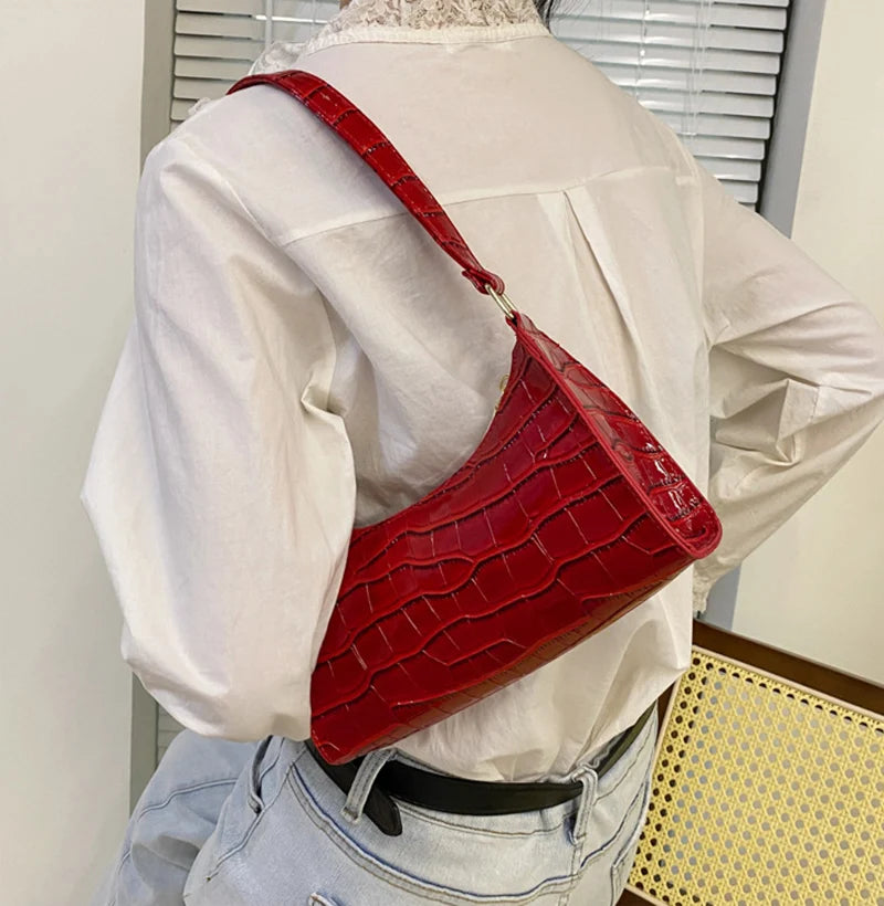 Fashion PU Leather Bags for Women Alligator Pattern Armpit Handbag Female Small Underarm Messenger Bag Purse.