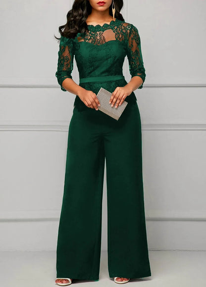 Elegant Sexy Jumpsuits Women Long Sleeve Lace Patchwork Jumpsuit Loose Trousers Wide Leg Pants Rompers Holiday Black Overalls