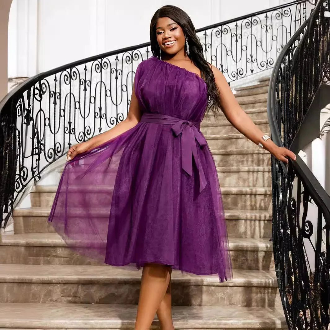 AM040201 African Plus Size Single Shoulder Sleeveless High Waist Skirt Light Mature Elegant Mesh Dress Purple Midi Dress.