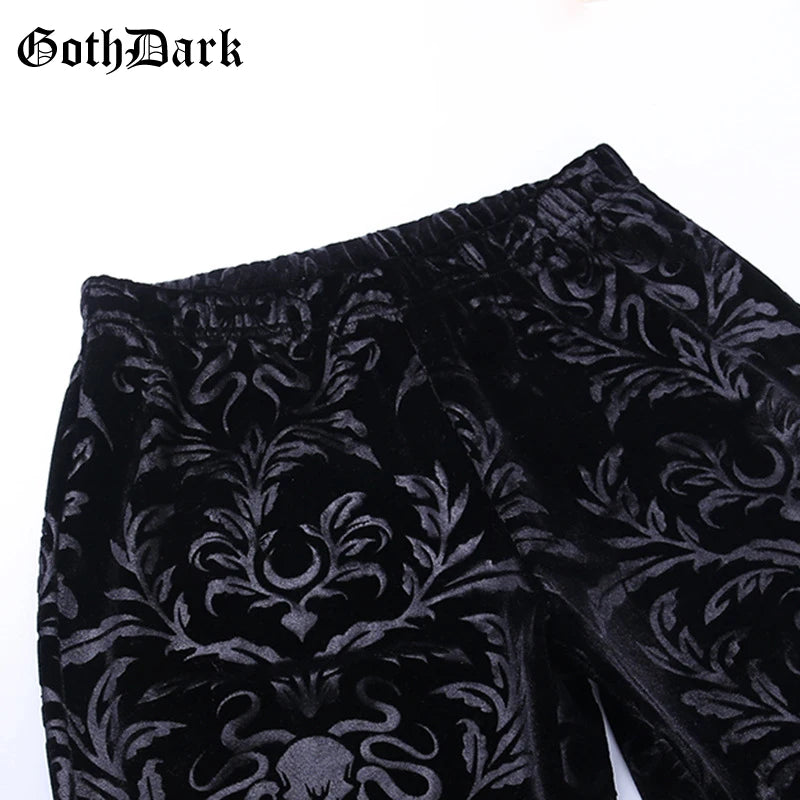 Goth Dark Vintage Floral Scratched Mall Gothic Pants Velvet High Waist Skinny Flare Trousers for Women Streetwear Cyber Y2K Pant.