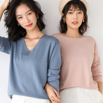 2025, frühling Herbst Frauen Pullover Solide Strickwaren Koreanische Lose Weibliche Grundlegende Casual Jumper Stretch Pullover Himmel Blau Rosa Pullover.