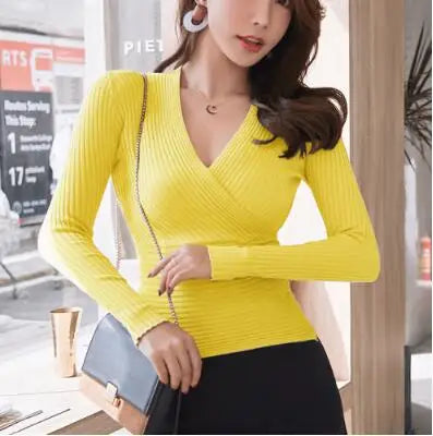 Kurze Grundlegende Pullover Frauen 2023 Sexy Tiefem V-ausschnitt Pullover frauen Pullover Schlank Bodenbildung Pullover Weibliche Elastische Baumwolle Tops
