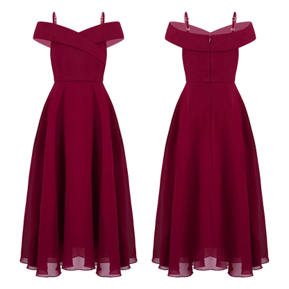 Elegantes Chiffon-Partykleid für Mädchen, schulterfrei, verstellbarer Spaghettiträger, bodenlanges Maxikleid für Hochzeit, Geburtstag, Abend.