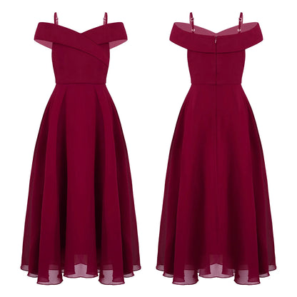 Elegantes Chiffon-Partykleid für Mädchen, schulterfrei, verstellbarer Spaghettiträger, bodenlanges Maxikleid für Hochzeit, Geburtstag, Abend