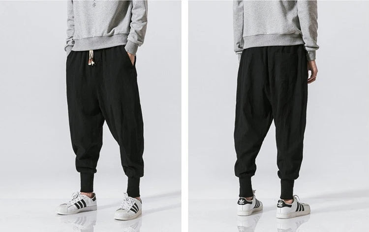 Cotton Linen Harem Pants Men Solid Elastic Waist Streetwear Joggers New Baggy Drop-crotch Pants Casual Trousers Men.