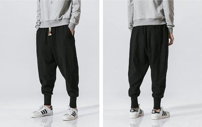 Cotton Linen Harem Pants Men Solid Elastic Waist Streetwear Joggers New Baggy Drop-crotch Pants Casual Trousers Men.