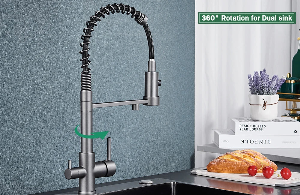 Filter Kitchen Faucet 2 In 1 Pull Down 360° Flexible Drinking Pure Water Purification Faucets Brass Hot Cold Water Mixer Tap