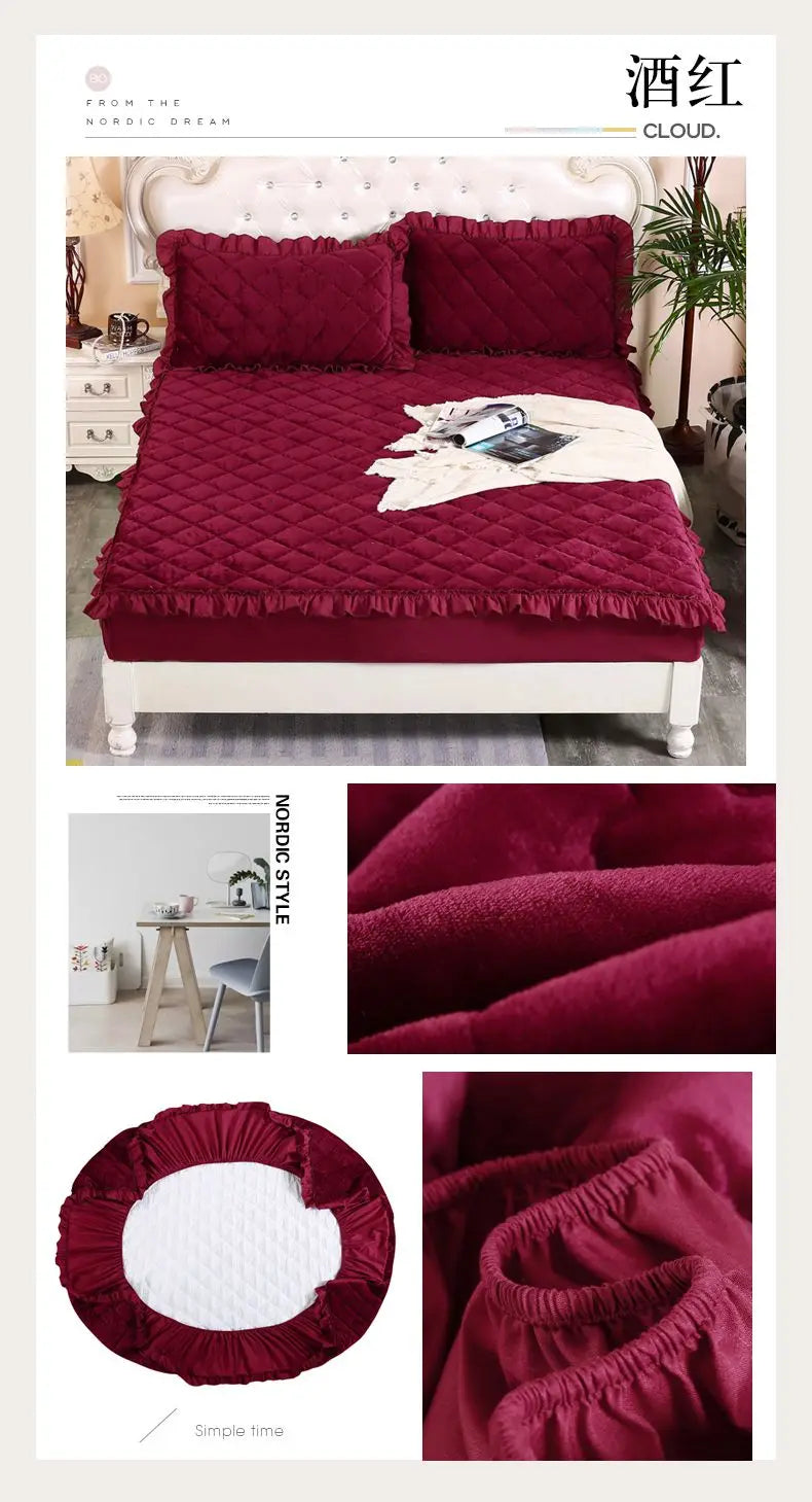 Fashion Flannel Bed Fitted Sheet Quilted Mattress Cover Soft and Comfortable Lace Fit Elastic Band Bed Sheet