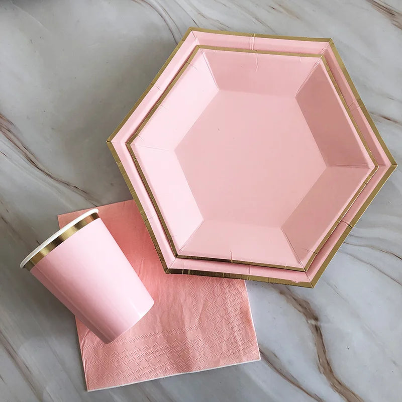 40pcs/set Yellow Green Pink Blue Paper Plates Cups Disposable Tableware Set for Wedding Birthday Party Baby Shower Supplies