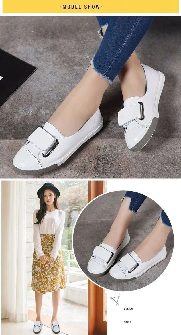 WOIZGIC Women Ladies Female Student Genuine Leather Casual Shoes White Flats Korean Vulcanized Shoes Spring 35-41 DF-YC259.