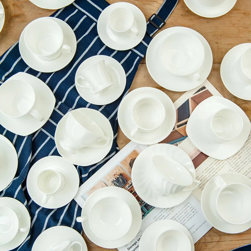 Pure White Bone China Coffee Cup Ceramic Simple Nordic Latte Cups Creative Fancy Afternoon Tea Cafe Coffee Cup and Saucer Spoon.