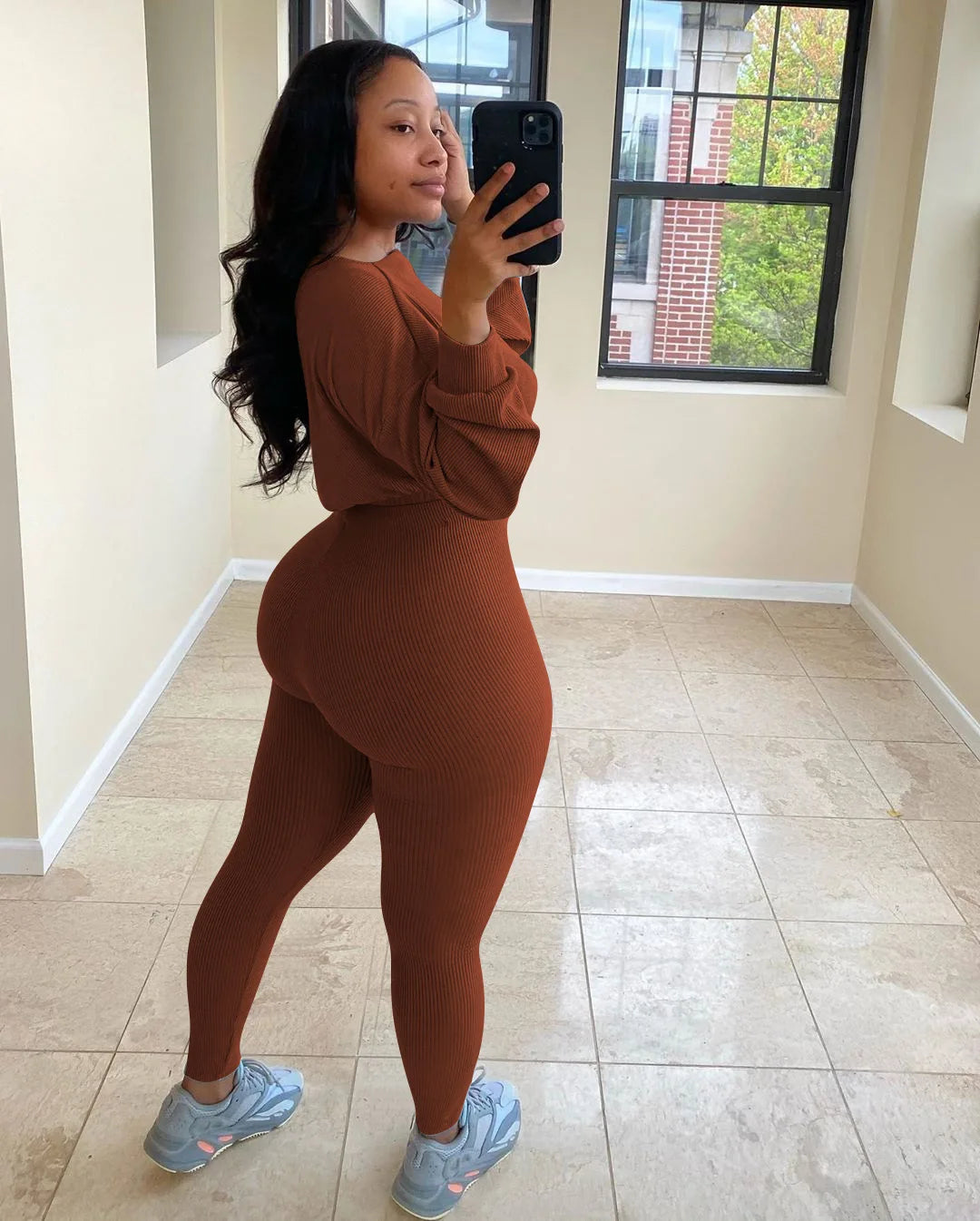 Letter Printed Embroidery Women Two Piece Ribbed Tracksuits Fall Spring Long Sleeve Sweatshirt and Skinny Pants Set.