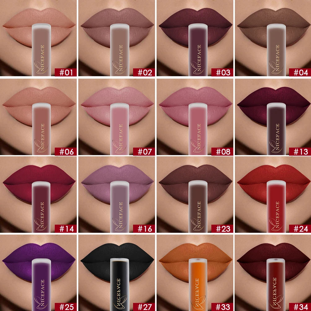 NICEFACE Matte Liquid Lipstick Waterproof Long Lasting Lip Gloss Tint Sexy Red Nude Purple Metallic Lipsticks Makeup Cosmetics.