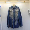 CS0582 New 2025 European Spring Fashion Lace Beading Patch Vintage Jeans Blouse Long Sleeve Denim Women's Shirt Tops Wholesale.