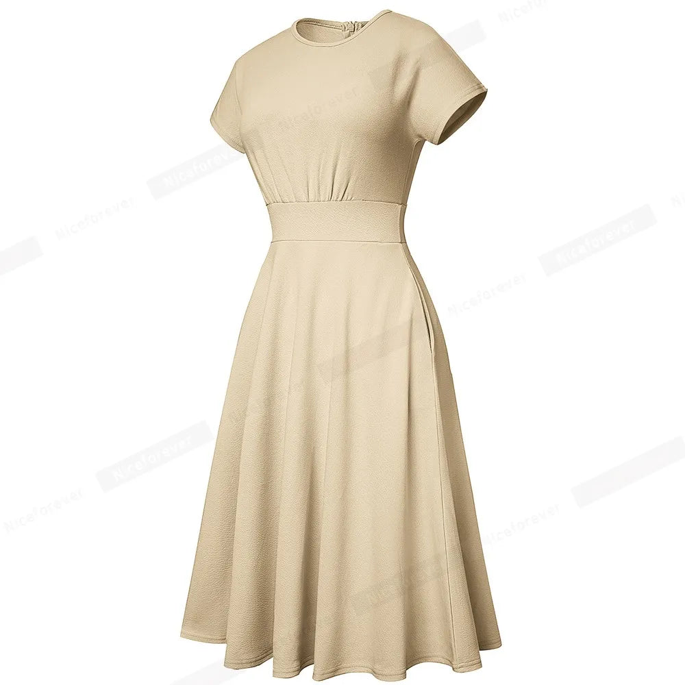 Nice-forever Vintage Elegante Blumen Druck Plissee Rundhals vestidos A-Line Pinup Business Party Frauen Flare Swing Kleid A102