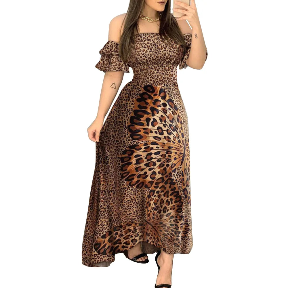 Boho Leopard Kleid Frauen Weg Schulter Rüschen Hülse Sommer Kleid Sexy Strappy Slash neck Vestido Lange Sommerkleid Party Kleider.