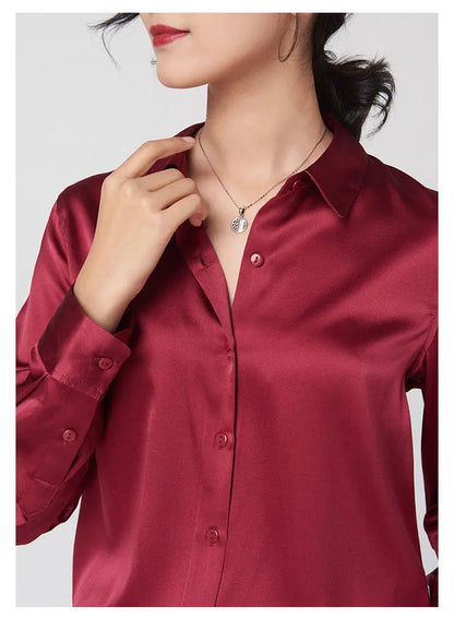 Woman Silk Shirt Long-sleeved Satin Women Blouse 19mm Mulberry Silk Blouse Loose Versatile Base Shirt 95% Natural Silk+5%Spandex