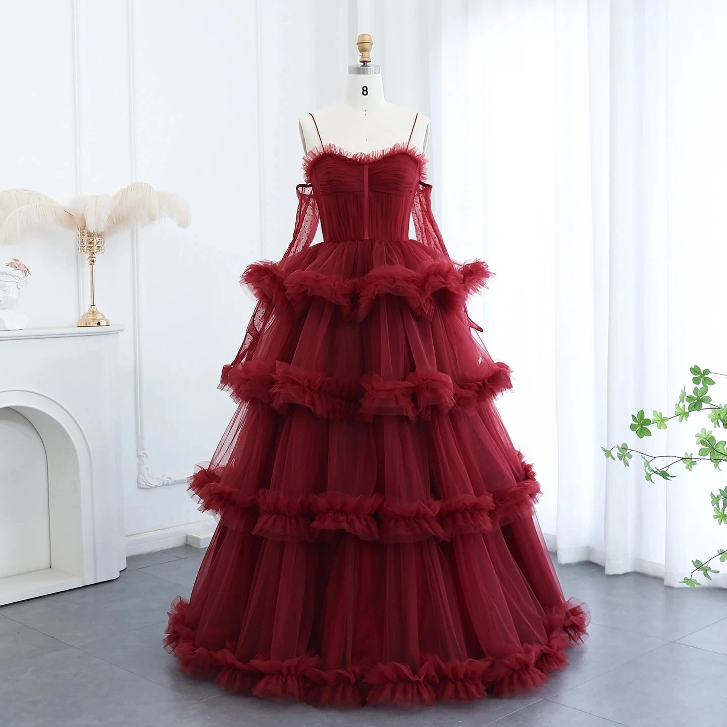 Arabic Burgundy Tulle Tiered Ruffles Evening Dresses With Gloves Pink Spaghetti Straps Wedding Party Gowns SF049-2.