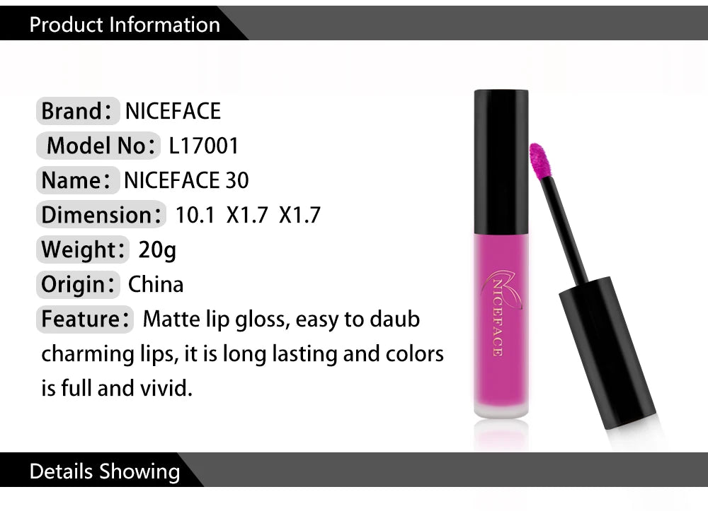 NICEFACE Matte Liquid Lipstick Waterproof Long Lasting Lip Gloss Tint Sexy Red Nude Purple Metallic Lipsticks Makeup Cosmetics.