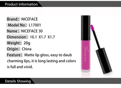 NICEFACE Matte Liquid Lipstick Waterproof Long Lasting Lip Gloss Tint Sexy Red Nude Purple Metallic Lipsticks Makeup Cosmetics.
