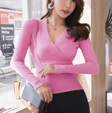 Kurze Grundlegende Pullover Frauen 2023 Sexy Tiefem V-ausschnitt Pullover frauen Pullover Schlank Bodenbildung Pullover Weibliche Elastische Baumwolle Tops