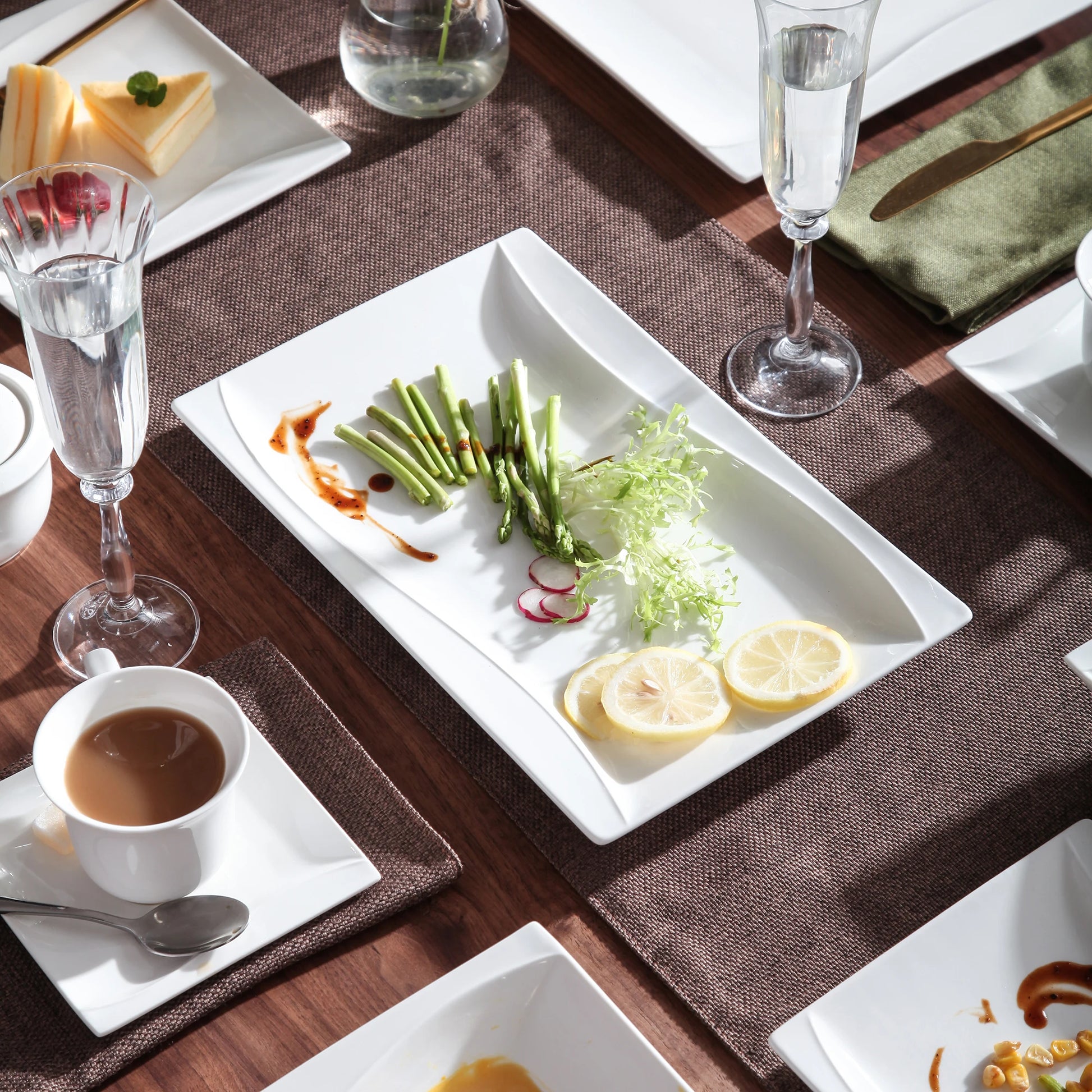 MALACASA Carina 2-Piece Ivory White Porcelain Dinner Plate Set Tableware Fruit Snack Dishes with 11" & 13.25" Rectangular Plate.