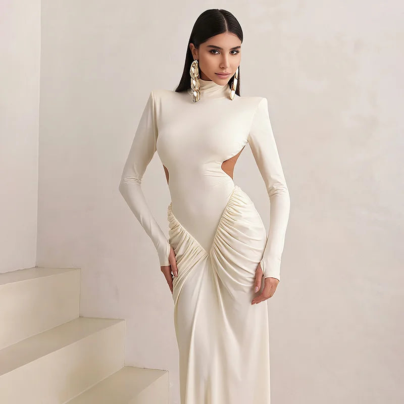 Sexy Backless Long Dress for Women Turtleneck Evening Party Ruched Dress Elegant Solid Long Sleeve Streetwear Maxi Dress 3472.
