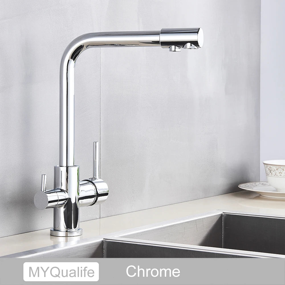 Chrome Brass Pure Water Kitchen Faucet Dual Handle Hot and Cold Drinking Water 3-way Filter Kitchen Purified Mixer Taps