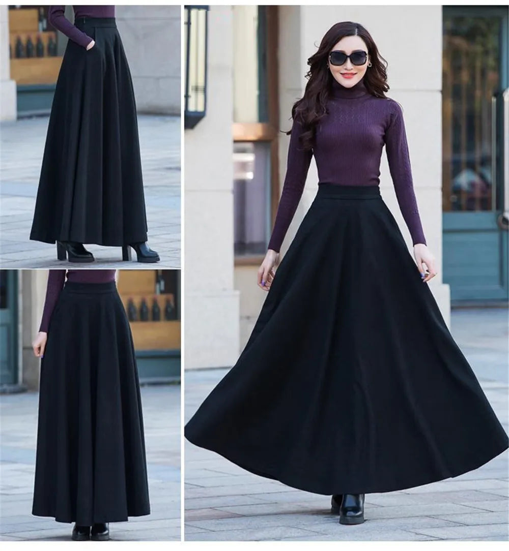 FairyShely Vintage Pleated Long Skirt Women 2025 Autumn Winter Woolen High Waist Black Skirts Female Flare Pocket.