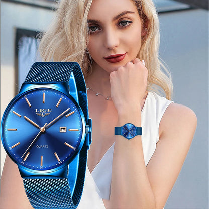 LIGE Fashion Luxury Womens Watch Ultra-thin Steel Mesh Strap Quartz Wristwatch Women Clock Casual Waterproof Watches Reloj Mujer.